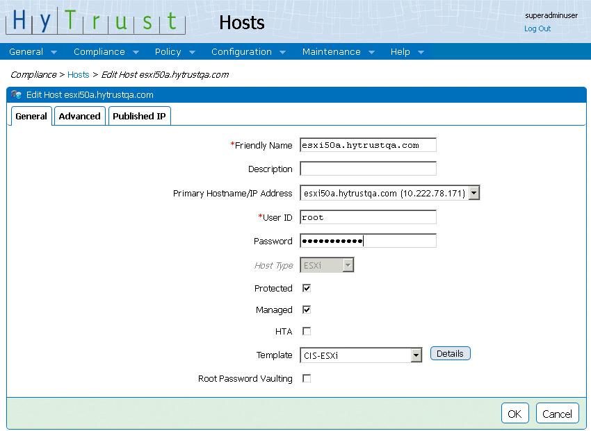 Post-Installation Tasks Adding Your First HTA-Protected Host 2. On the General tab, specify the root administrator credentials (User ID and Password) for the selected host.