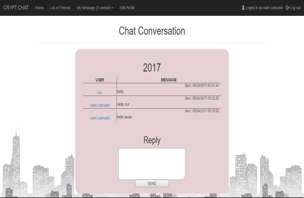 Rajah 10 Laman Perbualan Crypt Chat Selain itu, terdapat beberapa fungsian tambahan lain yang dilaksanakan seperti membuat