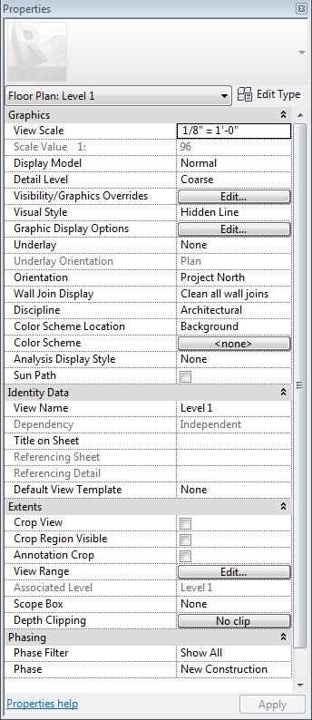 VIEW PROPERTIES When you are not creating or modifying an object the Properties Palette displays the properties for the current view The Selection drop-down list indicates the type of object you are