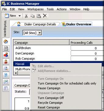 The Dialer overview displays important campaign statistics at the top of the screen. You can control campaign execution directly from this pane in the Dialer Overview.