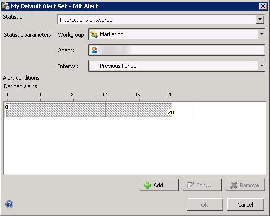 This dialog allows alert conditions to be added for a statistic. The Add/Edit alerts dialog appears when an alert is added or edited.
