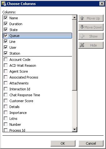 Use the Queue Columns Selection dialog to select queue columns to display in a view, and to optionally set their order of appearance in a view.