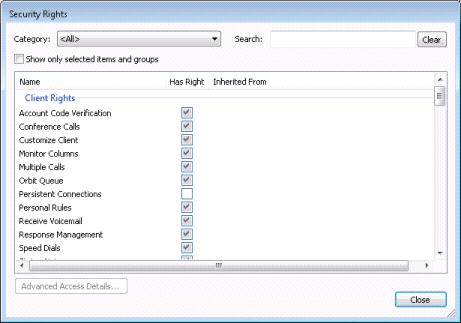 Create and M 2. The Security Rights dialog appears. Security rights can be viewed by two categories: Application and User. Categories are subdivided into groups of related settings.