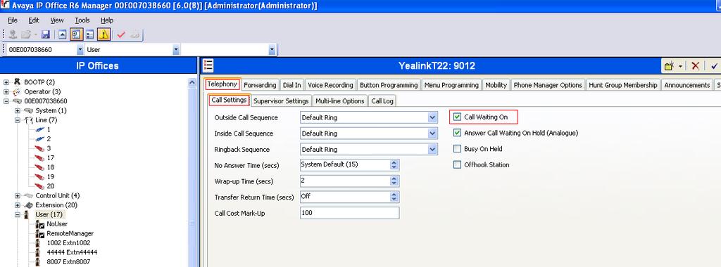 If call transfer is required for the Yealink SIP T-22 ensure that the Call Waiting On parameter is ticked on the