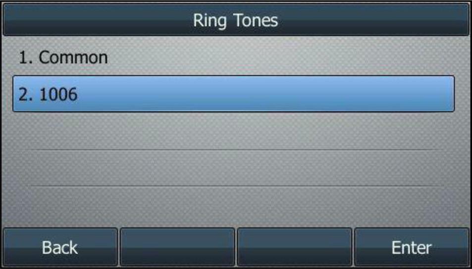 2. Press or to select the desired account and then press the Enter soft key. 3. Press or to select the desired ring tone.