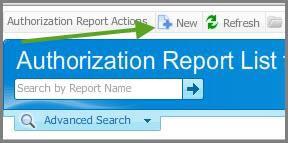 4. To create a new Authorization Request, click on the New button at the top. 5. In the Report Name field, type the name of the Authorization Request. (Hint: identify the report clearly here, i.e. February Meridian Trip, rather than Trip 000234.