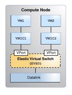 Overview of the Elastic Virtual Switch (EVS) Feature FIGURE 15 Elastic Virtual Switch in a Compute Node What Is the Oracle Solaris Elastic Virtual Switch Feature?