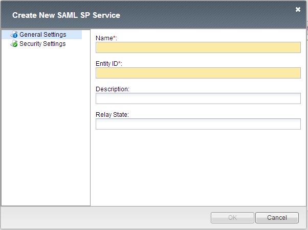 3. On the Create New SAML SP Service window, in the left pane, click General Settings, and then in the right pane, complete the following fields: Name Entity ID Enter a name for the service provider
