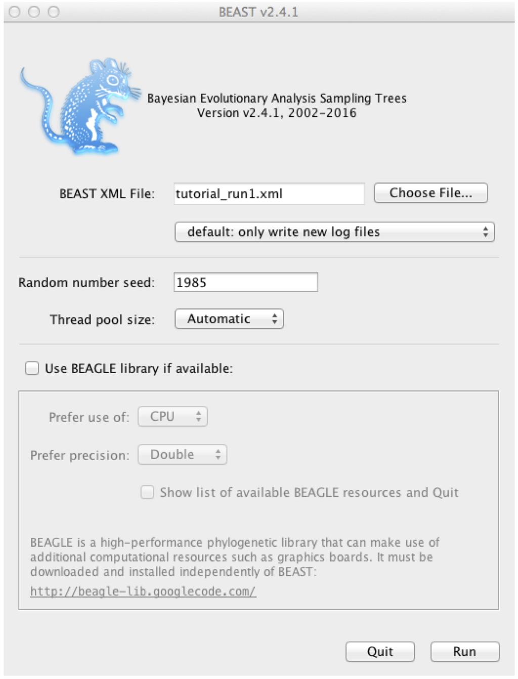 Figure 2: Running BEAST with a user-specified random number seed. 3.2.1 Running the XML in BEAST We are now ready to run our first analysis in BEAST. Open BEAST and choose tutorial_run1.