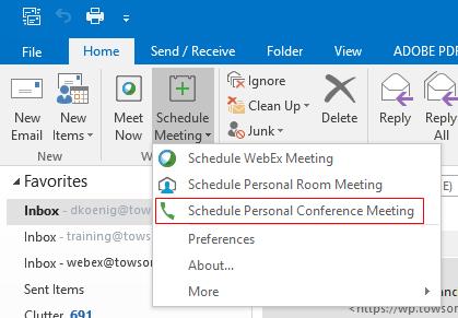 Scheduling a Personal Conference Meeting The WebEx Productivity Tools enable you to schedule a Personal Conference Meeting through Outlook and invite attendees.