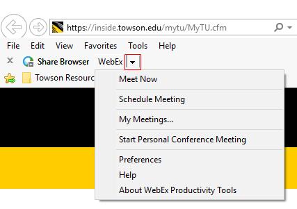 For other options, click the drop-down arrow beside WebEx. 11. To start a meeting immediately, click the Meet Now button. 12.