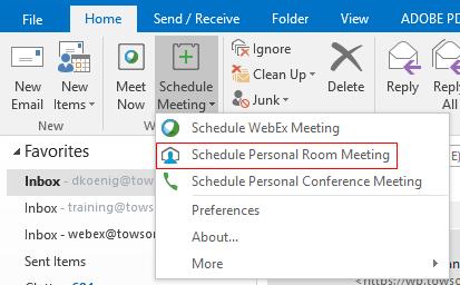 Scheduling a Personal Room Meeting The WebEx Productivity Tools allow you to invite attendees to your WebEx Personal Meeting Room through Outlook.