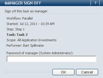b. Manager Sign Offs Clicking on a Manager sign off link always pops up a MANAGER SIGN OFF dialog box with OK/Cancel buttons and a Password field.