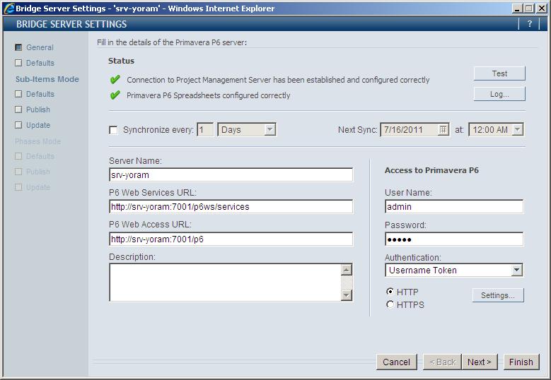 Authentication controls for defining the method of accessing Primavera P6 have been added to the Bridge Server Settings dialog box.
