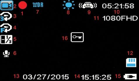 2.7.3 Recording Screen 10 Number Icon Item Description 1 Recording Indicator The Record Indicator will flash when the Car DVR is Recording 2 Mode Mode shows whether you are in Video mode or Photo