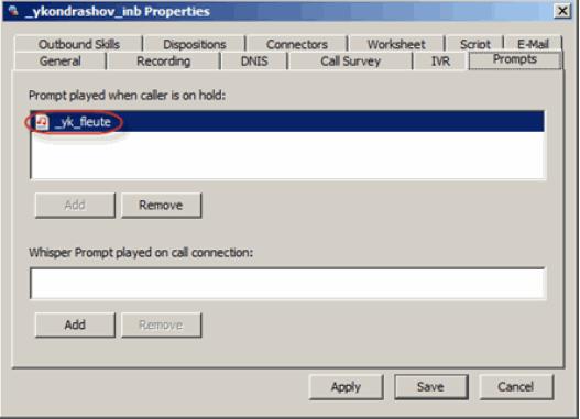Configuring Autodial Agent Linkback Campaigns Removing the Prompt 1 In the Prompts tab, select the prompt to remove. 2 Click Remove. 3 Click Yes. 4 Click Apply or Save.