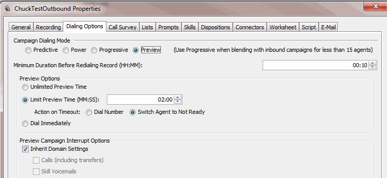 Configuring Dialing Modes, Options, and Call Processing in Outbound Campaigns Defining the Maximum Preview Time You can configure Preview Dialing to force the record to be dialed after a defined
