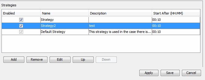 That is, the strategy highest in the list has the highest priority. Use the UP/Down button to move a strategy up or down in the list to change its priority.