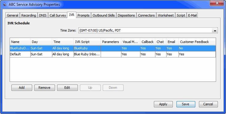 Managing IVR Script Schedules for Autodial and Inbound Campaigns Deleting IVR Schedule Rules default IVR schedule When you create a campaign, it contains a default IVR schedule that is active seven