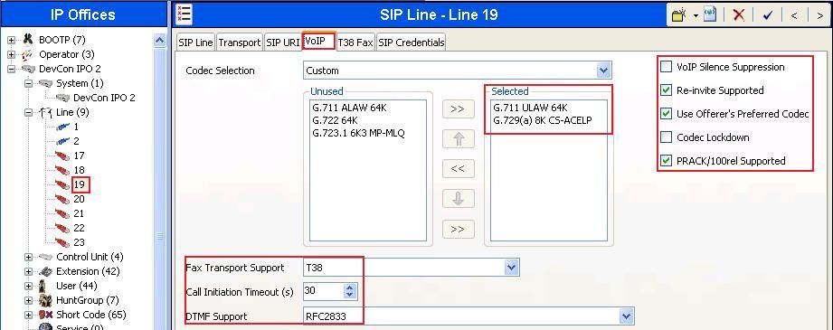 5.5.4 Administer VoIP Settings Select the VoIP tab then set the Voice over Internet Protocol parameters of the SIP Line as following: The Codec Selection can be selected by choosing Custom from the