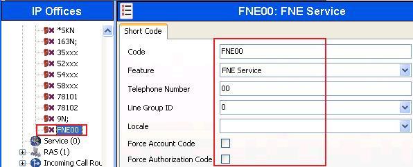 For incoming calls from mobility extension to FNE features hosted by IP Office to provide Dial Tone functionality, Short Code FNE00 was created. The FNE00 was configured with the following parameters.