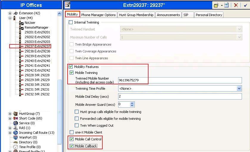 Mobile Twinning feature may be enabled on the user to allow incoming calls to simultaneously alert the desk phone and the mobile phone. The following screenshot shows the Mobility tab.