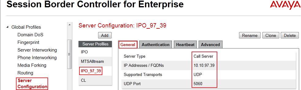 6.2.5.2 Server Configuration for Avaya IP Office The Server Configuration IPO_97_39 was similarly created for IP Office. It is discussed in detail as below.
