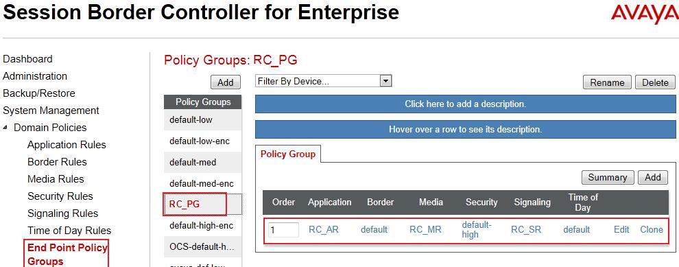 6.3.4 Endpoint Policy Groups The rules created within the Domain Policy section are assigned to an Endpoint Policy Group. The Endpoint Policy Group is then applied to Server Flow defined in Section 6.