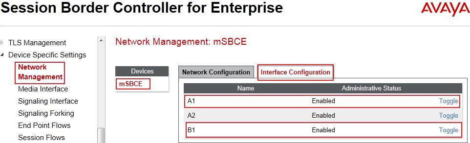 On the Interface Configuration tab, enable the interfaces connecting to the inside enterprise and outside service provider networks. To enable an interface click it s Toggle State button.