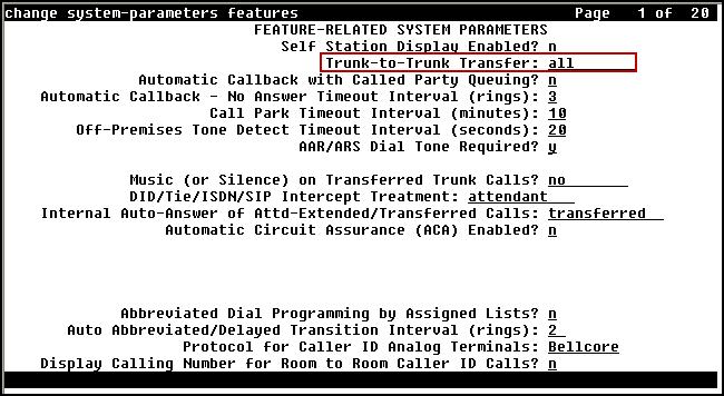 5.2. System Features Use the change system-parameters features command to set the Trunk-to-Trunk Transfer field to all to allow incoming calls from the PSTN to be
