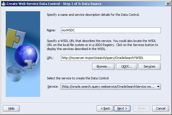 Figure 2 - Web Service Data Control Wizard Next, we click the Services button. The wizard will query the service and populate the Service field.