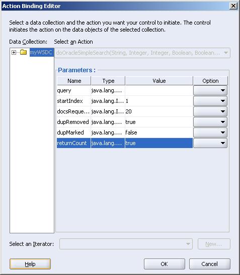 Figure 6 - Action Binding Editor for Command Button In the Action Binding Editor, we specify the necessary values for the service parameters, as seen in Figure 6.