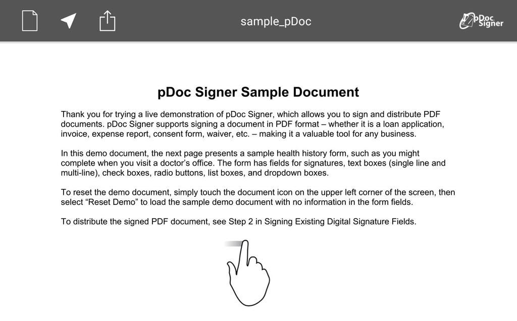 3.2 Reading PDF Documents The pdoc Signer App is designed to enable PDF documents to be electronically signed locally on a device in three easy steps (see section 2.5).