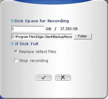 18 Digia Client User Manual Hard drive management Press the disk setting button to set the amount of space and location to