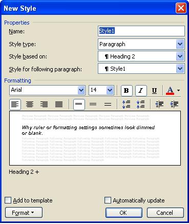 Create a new paragraph style: See a screen picture of the New Style dialog box at the right. In the section named PROPER- TIES: 1. Enter the name of your new style in the NAME box. 2.