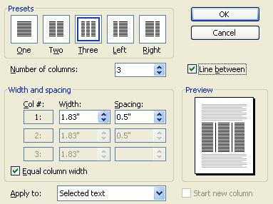 When you choose the COLUMNS command on the FORMAT menu, a COLUMNS dialog box opens which gives you more choices than the toolbar button. Notice at the top, you are given the choice of five presets.