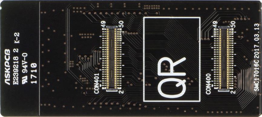 The Interposer Board is the bridge between the Starter Board and the ARTIK 053 Module, with the ARTIK 053 Module soldered directly to the top of the Interposer Board.