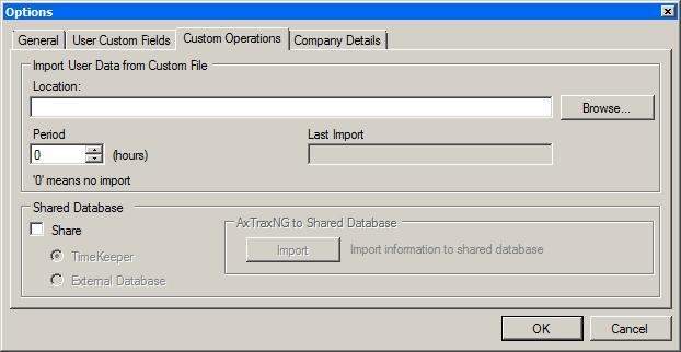 Administrator Operations 11.5.3 Custom Operations The Custom Operations tab is used to upload user data to the system from a text file and to set the shared database option.