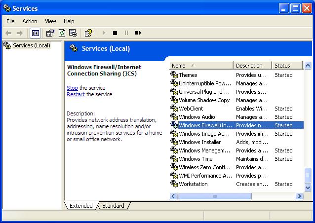 Firewall Configuration 14. Double-click Services. The Services Console opens. 15. Right-click Windows Firewall/Internet Connection Sharing (ICS) and click Restart from the pop-up menu. 16.