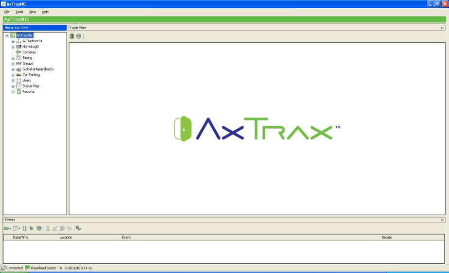 Software Overview 4.3 AxTraxNG Main Window The entire central functionality of the AxTraxNG system is available from the AxTraxNG Client main window.