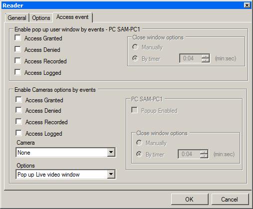Setting Up a Site 5.7.3 Access Event The Access even tab in the Reader window defines the alerts pop-up windows behavior on the local PC.