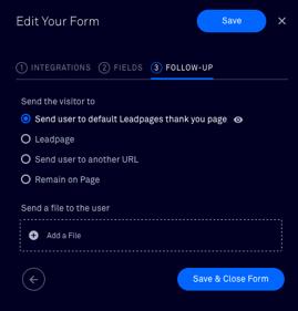 When you are inside of your Leadbox and have the Integrations open, you can select to send the user to a default Leadpages thank you page and upload your content upgrade file.