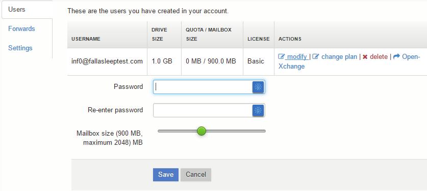 5. Click on Modify and set a new password. You can also change the size of the mailbox here.