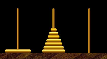 Towers of Hanoi: Recursive Solution Towers of Hanoi Legend Q. Is world going to end (according to legend)? 64 golden discs on 3 diamond pegs. World ends when certain group of monks accomplish task. Q. Will computer algorithms help?