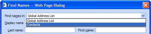 When you click-on the To, Cc, or Bcc buttons (Page 12) the Find Names Web Page Dialog menu screen appears.