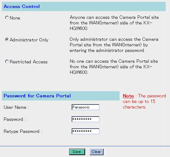 Instructions for the data fields None Administrator Only Restricted Access Anyone can access the Camera Portal page from the WAN side.