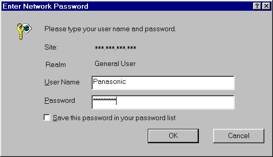 3. Enter the user name and password (e.g., Panasonic) to access the Camera Portal page. 4. When you have finished, click [Save]. 5. Click [Restart Now!]. The authentication window appears. 6.