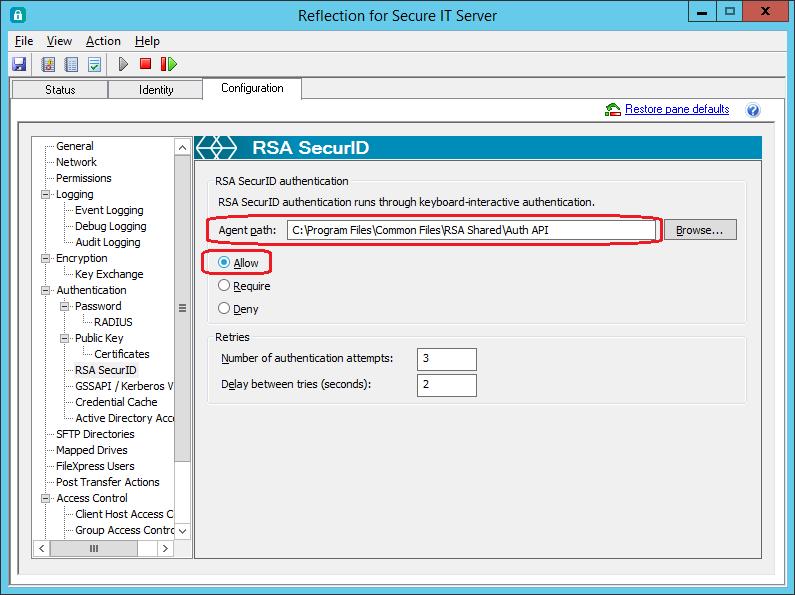 Reflection for Secure IT Server for Windows Configuration To configure the Reflection for Secure IT Server for Windows: 1. Install the RSA SecurID Authentication Agent on the RSIT host. 2.