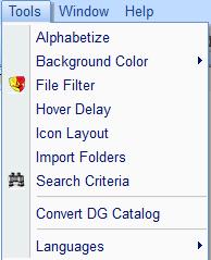 The Tools menu offers the following commands: Alphabetize Background Color File Filter Hover Delay Icon Layout Import Folders Search Criteria etizes files/folder in the catalog.