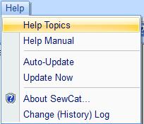 6 Help menu commands The Help menu offers the following commands, which provide you assistance with this application: Help Topics Help Manual Auto-Update Update Now About SewCat